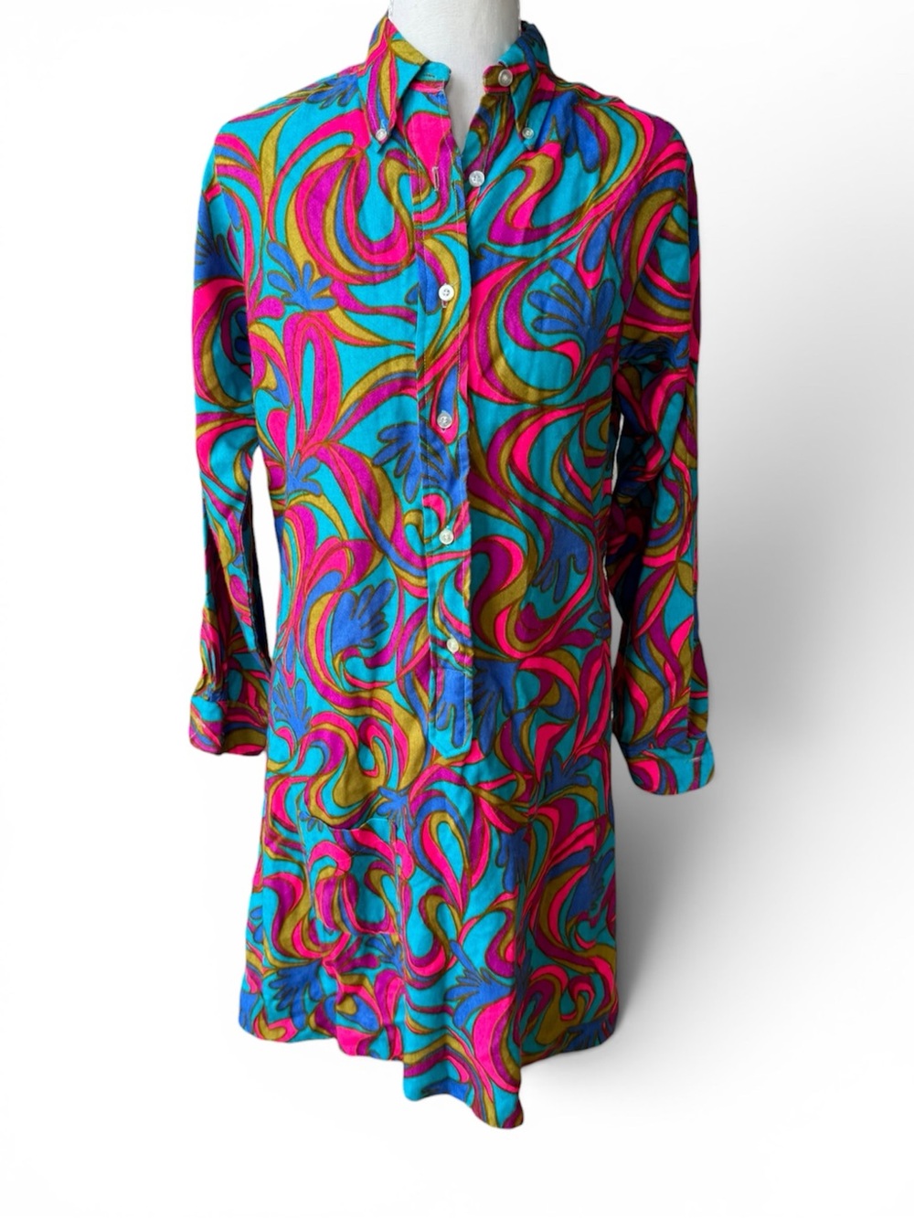 Vintage 60s Mod Stuffed Shirt Turquoise Pink Gold Swirl Graphic Mini Shirt Dress